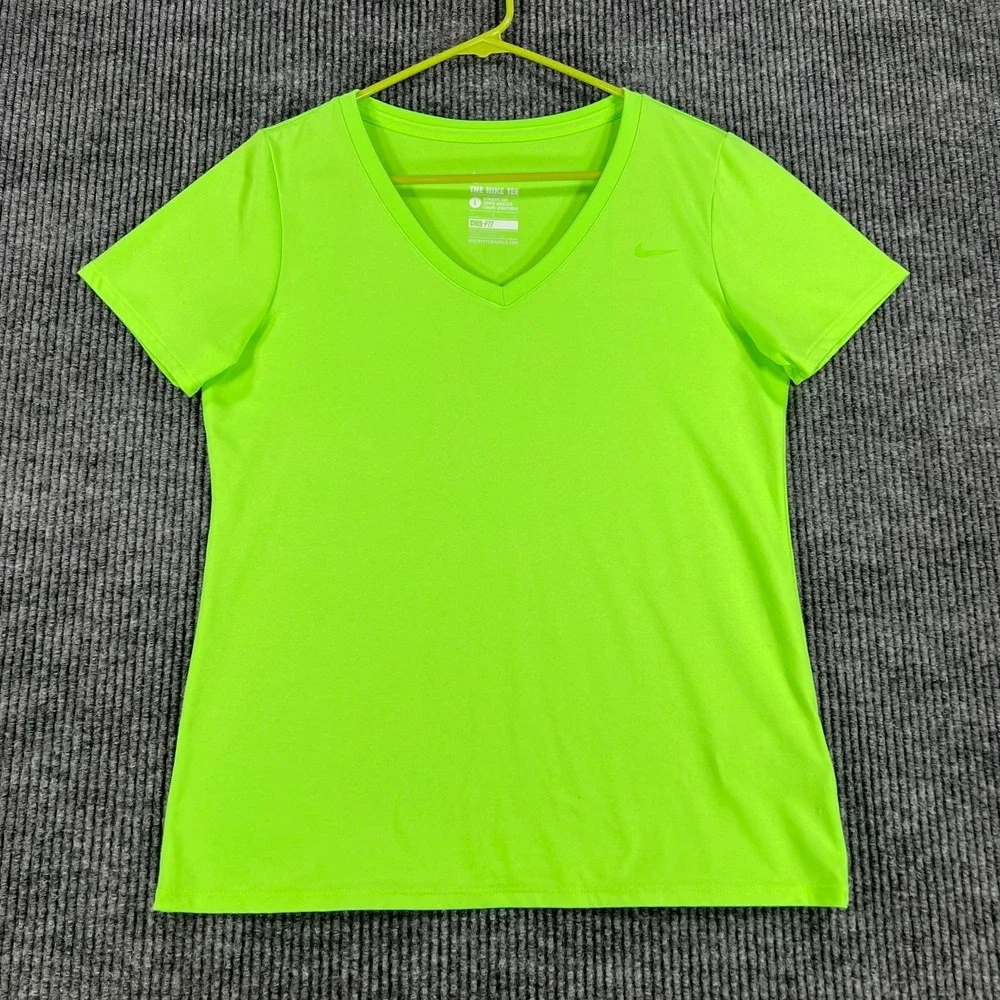 Nike Dri Fit Shirt Womens Large Green Short sleeve V Neck Workout Active Gym